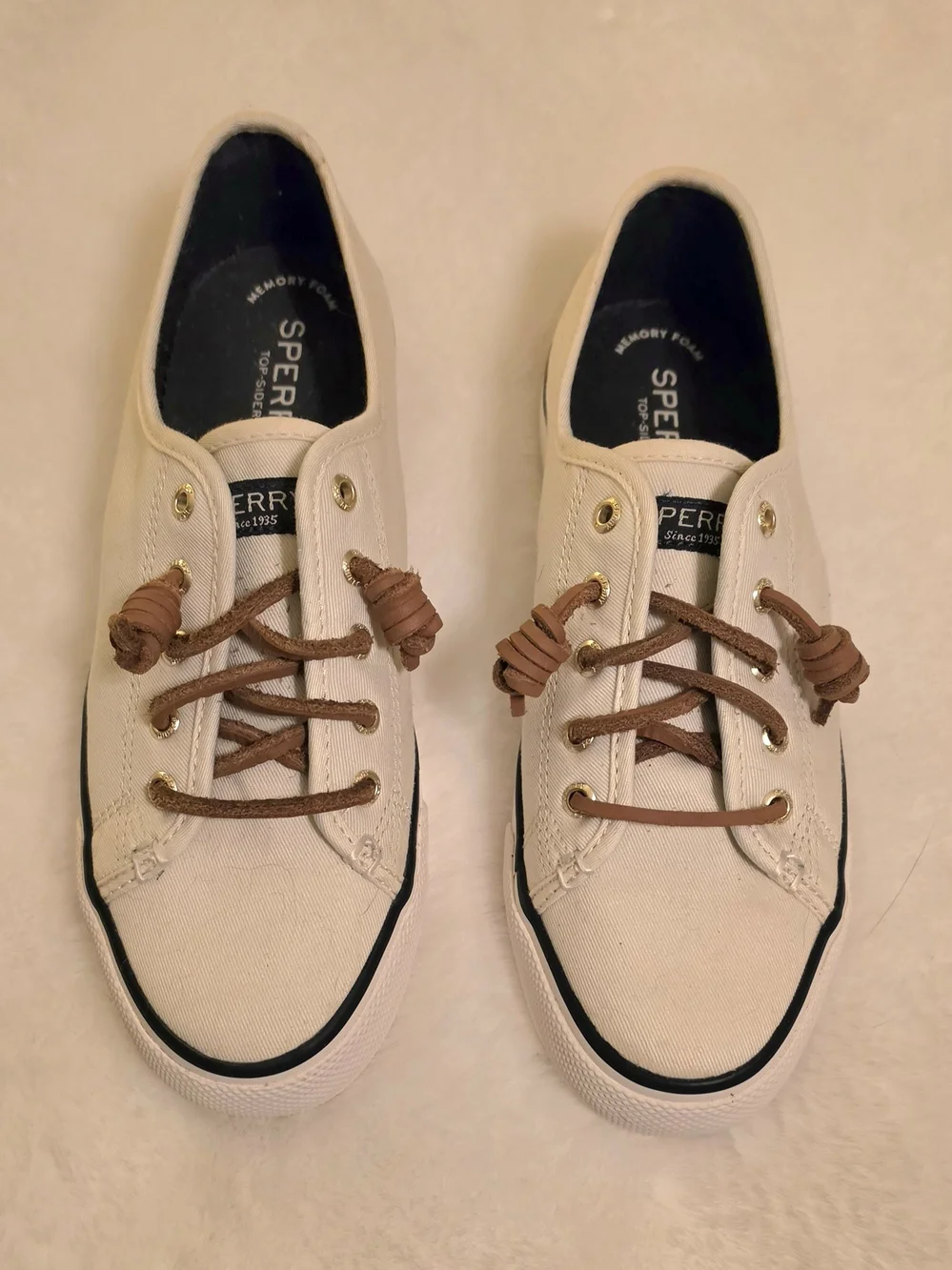 Sperry Top Sider Women's Cream Canvas Boat Shoes with Brown Laces.